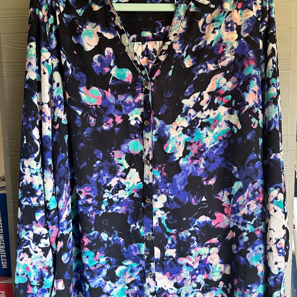 Jaclyn Smith Purple Blue Graphic Long Sleeve Blouse